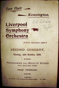 Samuel Coleridge-Taylor in Liverpool 19 October 1908 front page of programme, with handwritten annotation that the concert of his works was conducted by Coleridge-Taylor himself