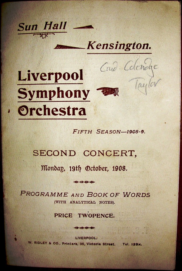 Samuel Coleridge-Taylor in Liverpool 19 October 1908 front page of programme, with handwritten annotation that the concert of his works was conducted by Coleridge-Taylor himself